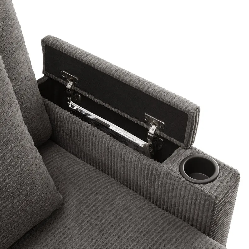Canapé d'angle modulable velours côtelé gris, 3-4 places avec pouf amovible, ports USB et porte-gobelets GEYSERFOUNT