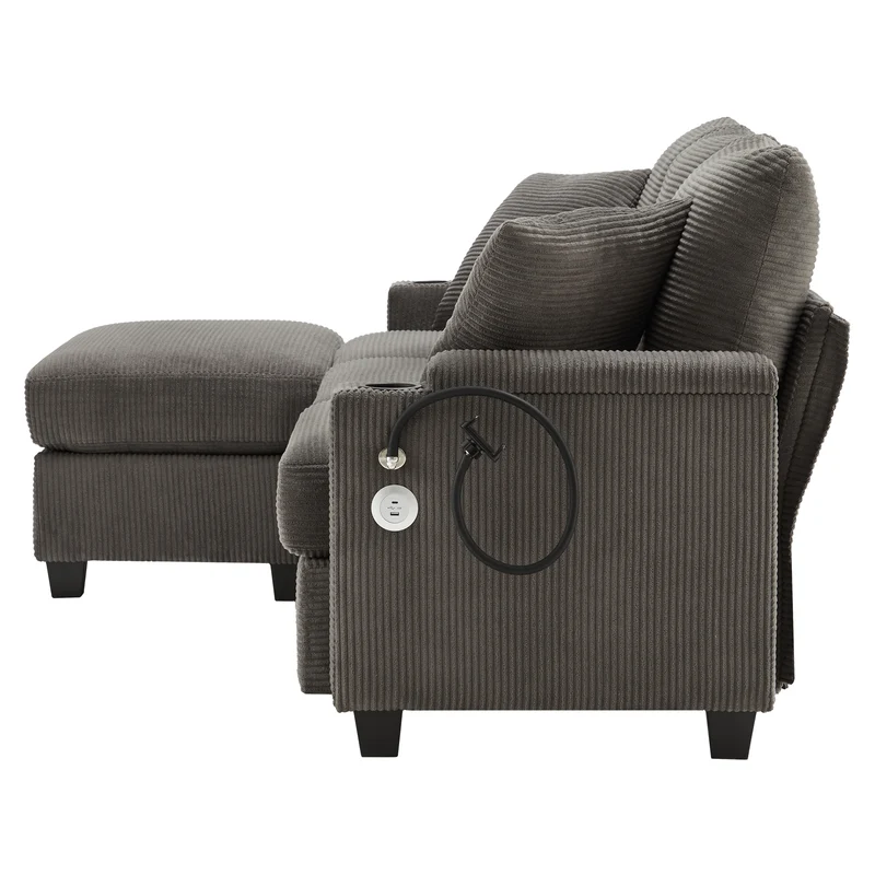Canapé d'angle modulable velours côtelé gris, 3-4 places avec pouf amovible, ports USB et porte-gobelets GEYSERFOUNT