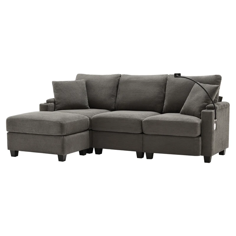Canapé d'angle modulable velours côtelé gris, 3-4 places avec pouf amovible, ports USB et porte-gobelets GEYSERFOUNT