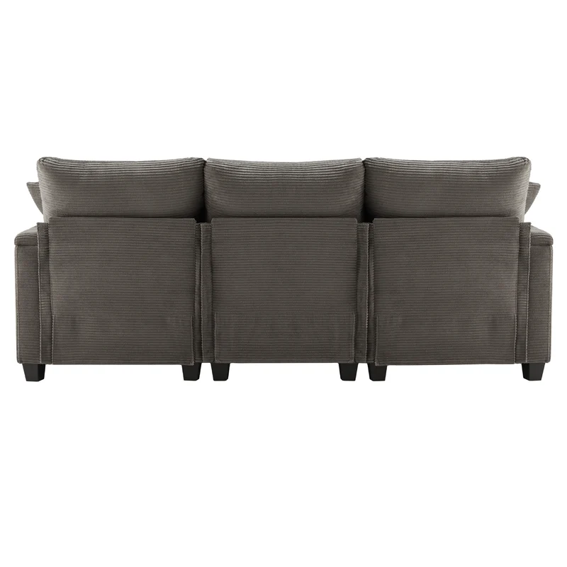 Canapé d'angle modulable velours côtelé gris, 3-4 places avec pouf amovible, ports USB et porte-gobelets GEYSERFOUNT