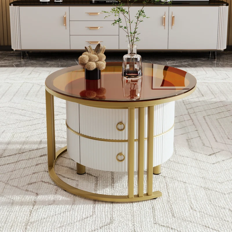 Table basse gigogne luxe blanc et doré 2 tiroirs verre teinté OLNE