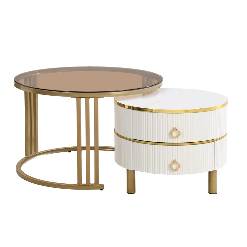 Table basse gigogne luxe blanc et doré 2 tiroirs verre teinté OLNE