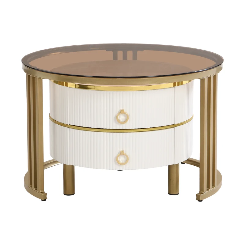 Table basse gigogne luxe blanc et doré 2 tiroirs verre teinté OLNE