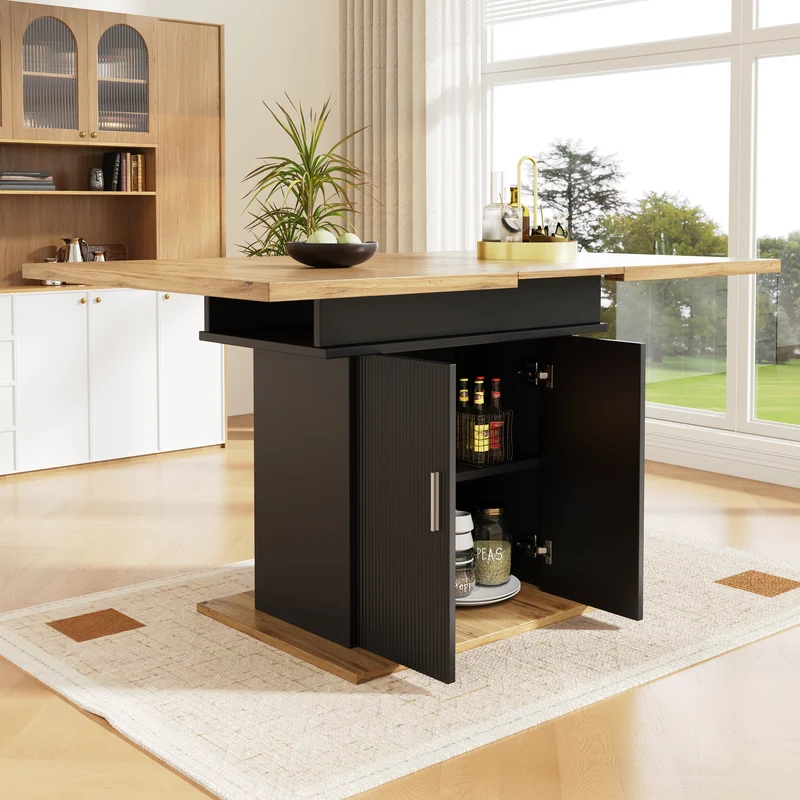 Table de salle à manger extensible effet bois avec espace de rangement noir 110-140*70cm CHOCAS BLACK