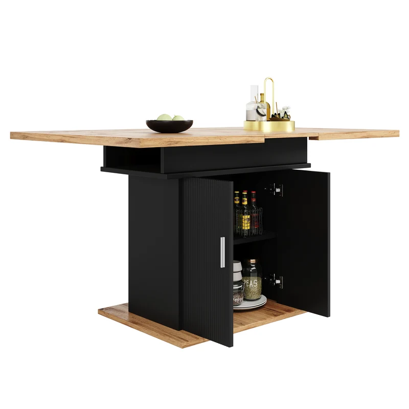 Table de salle à manger extensible effet bois avec espace de rangement noir 110-140*70cm CHOCAS BLACK