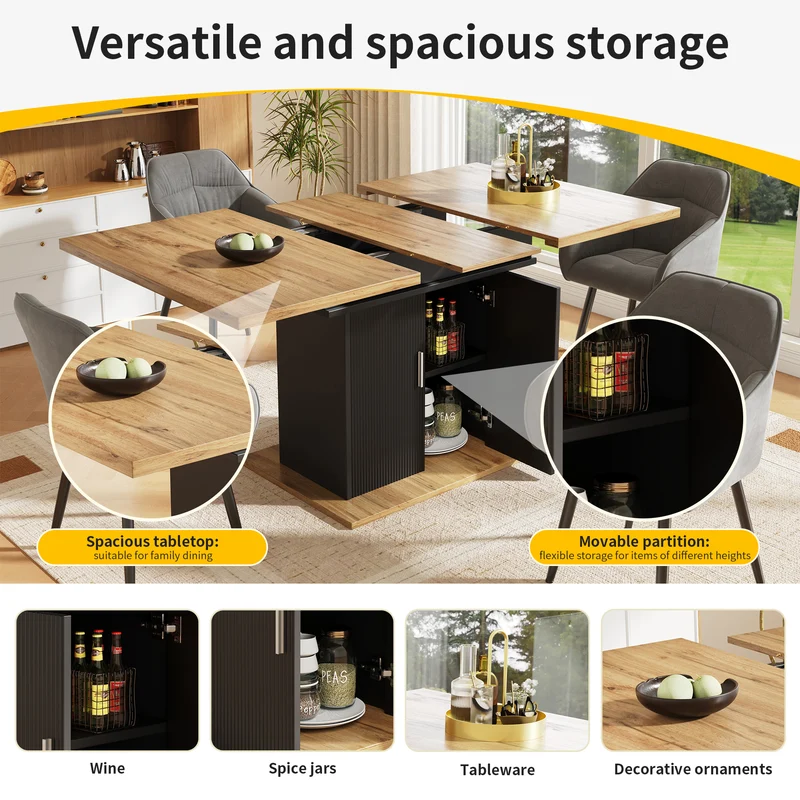 Table de salle à manger extensible effet bois avec espace de rangement noir 110-140*70cm CHOCAS BLACK