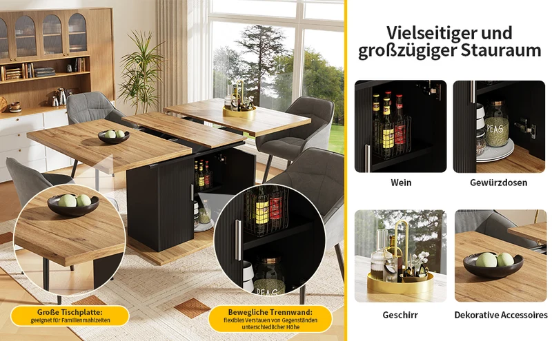 Table de salle à manger extensible effet bois avec espace de rangement noir 110-140*70cm CHOCAS BLACK