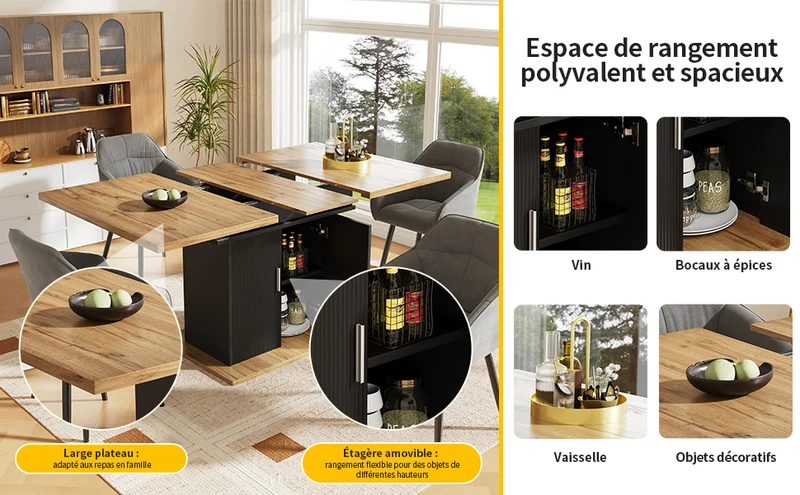 Table de salle à manger extensible effet bois avec espace de rangement noir 110-140*70cm CHOCAS BLACK