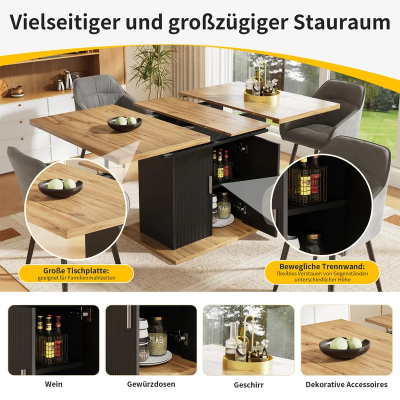 Table de salle à manger extensible effet bois avec espace de rangement noir 110-140*70cm CHOCAS BLACK