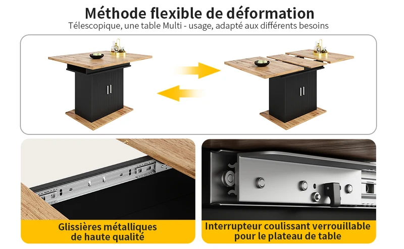 Table de salle à manger extensible effet bois avec espace de rangement noir 110-140*70cm CHOCAS BLACK