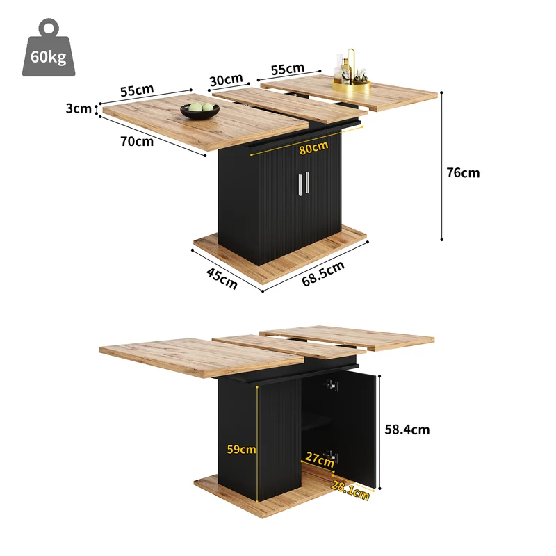 Table de salle à manger extensible effet bois avec espace de rangement noir 110-140*70cm CHOCAS BLACK
