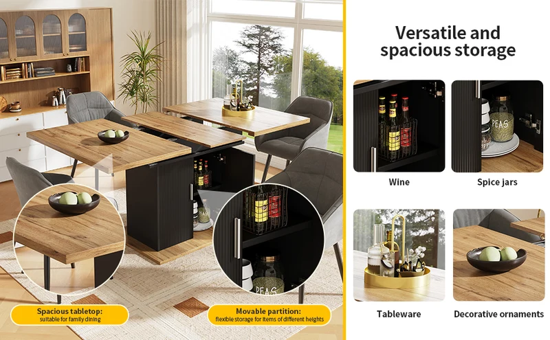 Table de salle à manger extensible effet bois avec espace de rangement noir 110-140*70cm CHOCAS BLACK