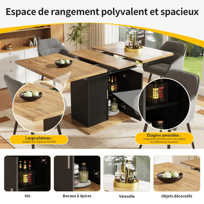 Table de salle à manger extensible effet bois avec espace de rangement noir 110-140*70cm CHOCAS BLACK