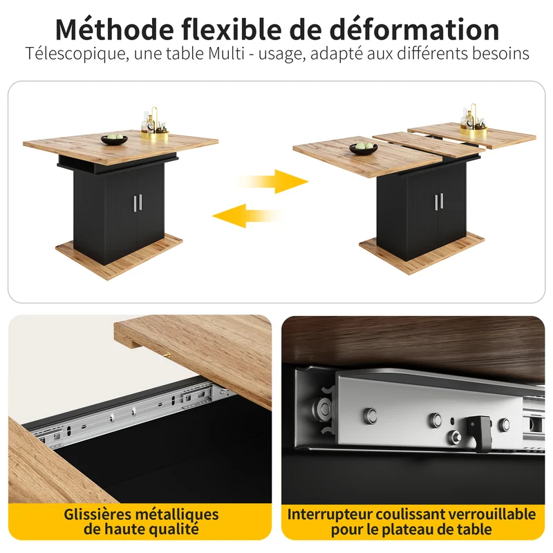 Table de salle à manger extensible effet bois avec espace de rangement noir 110-140*70cm CHOCAS BLACK