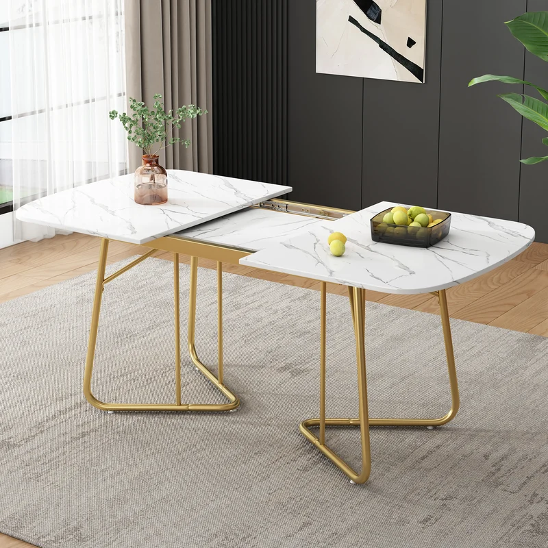 Table de salle à manger extensible effet marbre blanche pieds dorés style luxueux 140-180*80cm EDDAINS