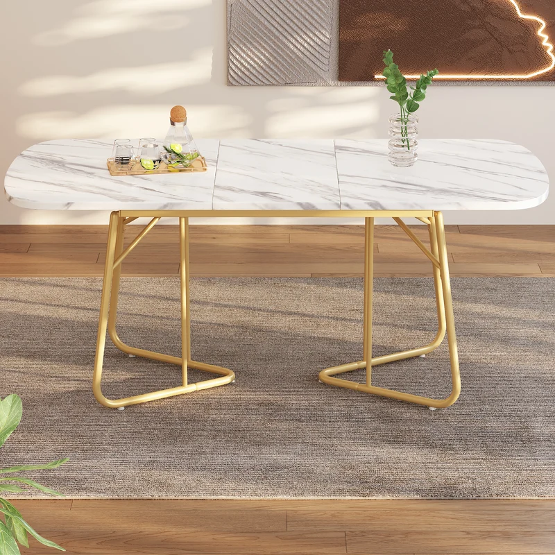 Table de salle à manger extensible effet marbre blanche pieds dorés style luxueux 140-180*80cm EDDAINS