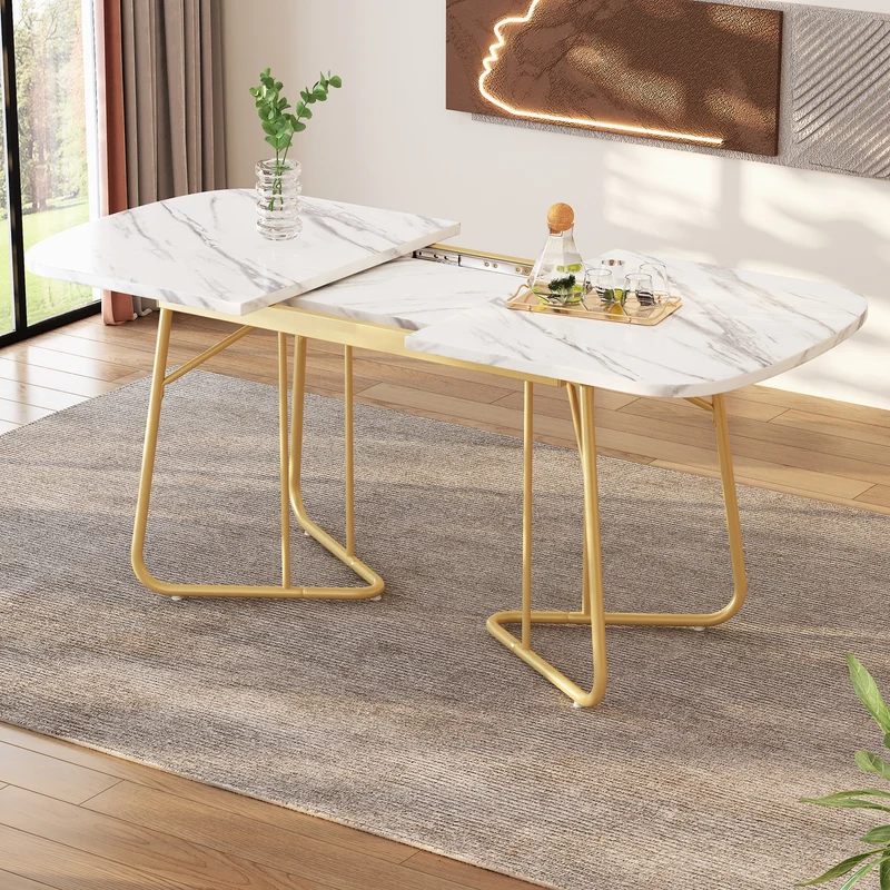 Table de salle à manger extensible effet marbre blanche pieds dorés style luxueux 140-180*80cm EDDAINS