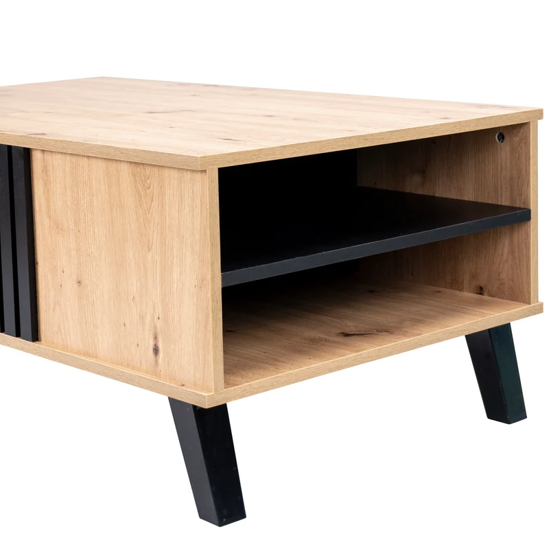 Table basse rectangulaire industriel effet bois et noir rangement 3 cotés 100x60x43cm TRONNEALL