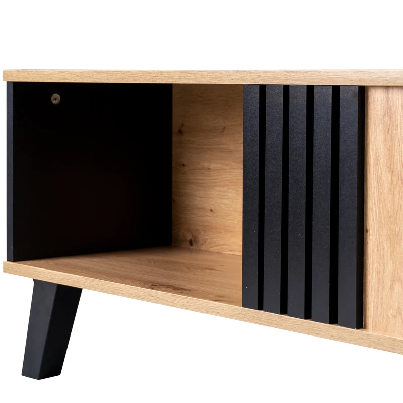 Table basse rectangulaire industriel effet bois et noir rangement 3 cotés 100x60x43cm TRONNEALL