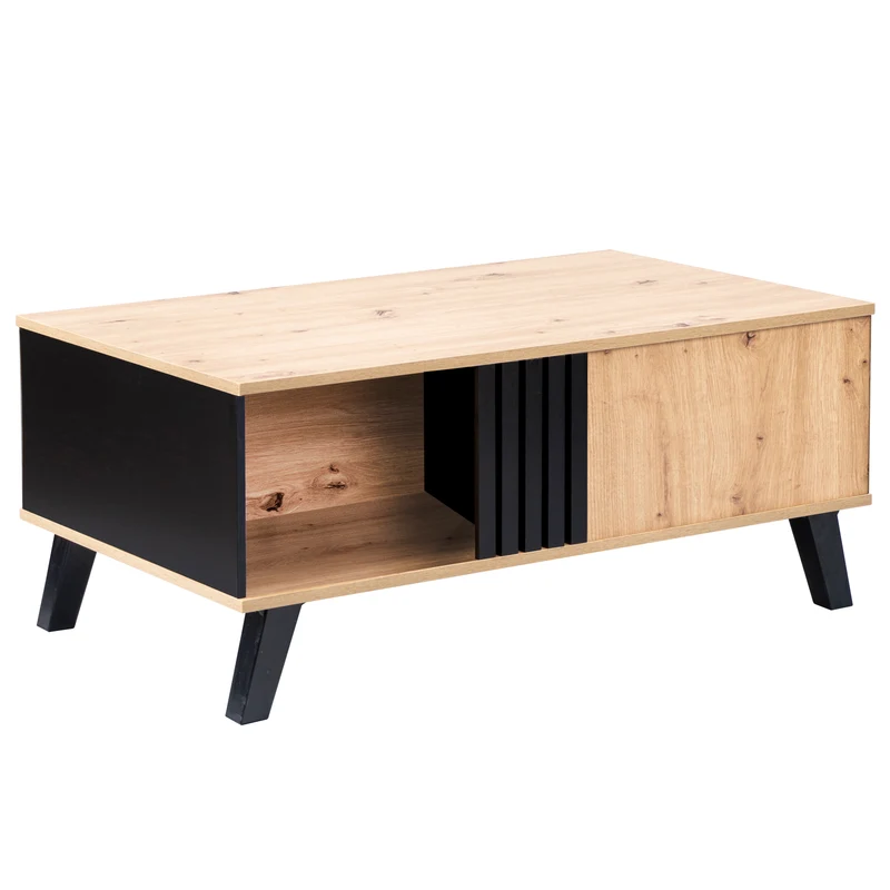 Table basse rectangulaire industriel effet bois et noir rangement 3 cotés 100x60x43cm TRONNEALL
