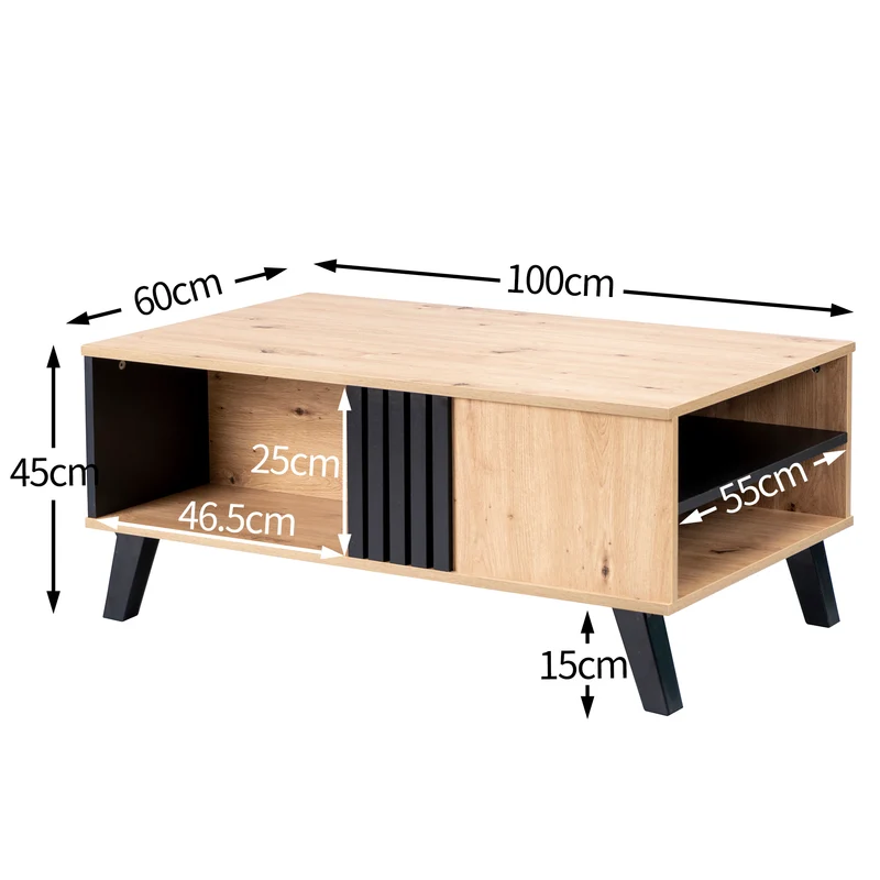 Table basse rectangulaire industriel effet bois et noir rangement 3 cotés 100x60x43cm TRONNEALL