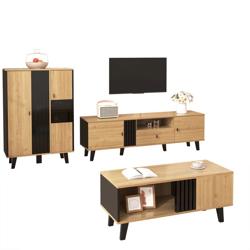 Table basse rectangulaire industriel effet bois et noir rangement 3 cotés 100x60x43cm TRONNEALL