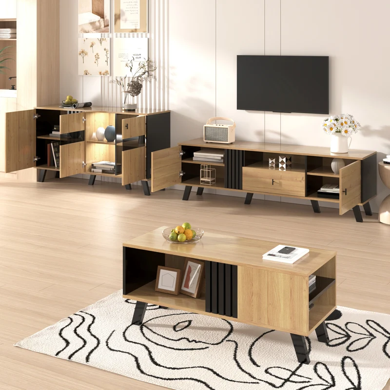 Table basse rectangulaire industriel effet bois et noir rangement 3 cotés 100x60x43cm TRONNEALL