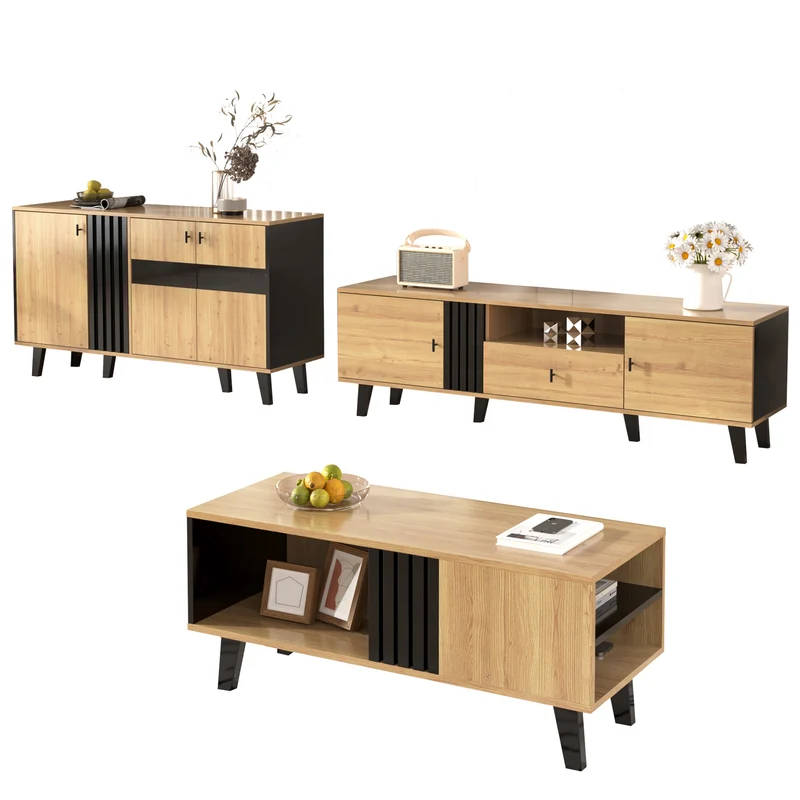 Table basse rectangulaire industriel effet bois et noir rangement 3 cotés 100x60x43cm TRONNEALL