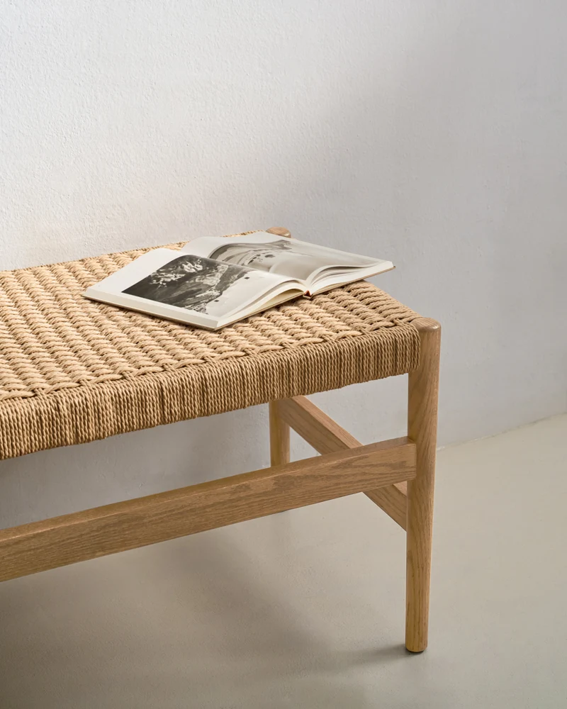 Zaide bench made of solid oak wood in a natural finish and rope cord seat, 120 cm, FSC 100%