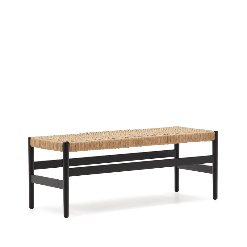 Zaide bench made of solid oak wood in a black finish and rope cord seat, 120 cm, FSC 100%