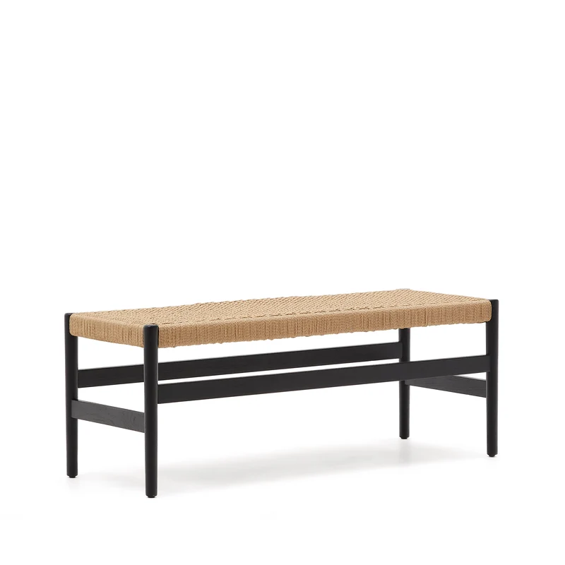 Zaide bench made of solid oak wood in a black finish and rope cord seat, 120 cm, FSC 100%