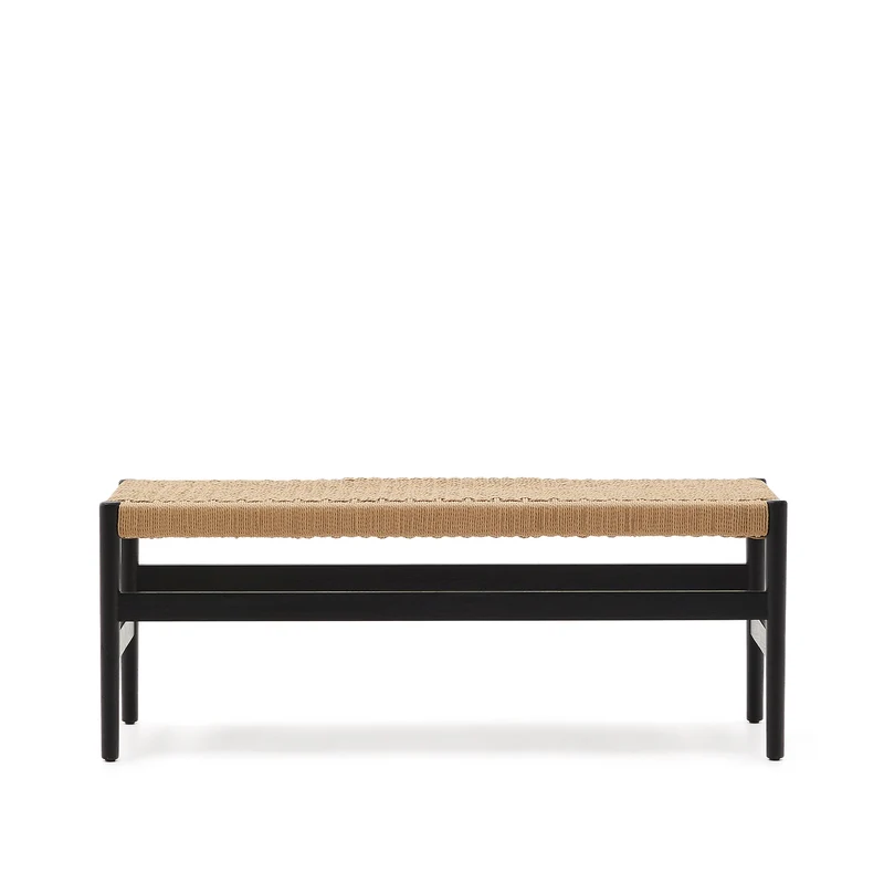 Zaide bench made of solid oak wood in a black finish and rope cord seat, 120 cm, FSC 100%