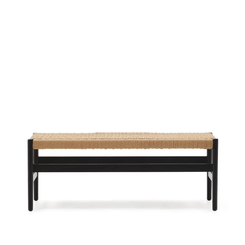 Zaide bench made of solid oak wood in a black finish and rope cord seat, 120 cm, FSC 100%