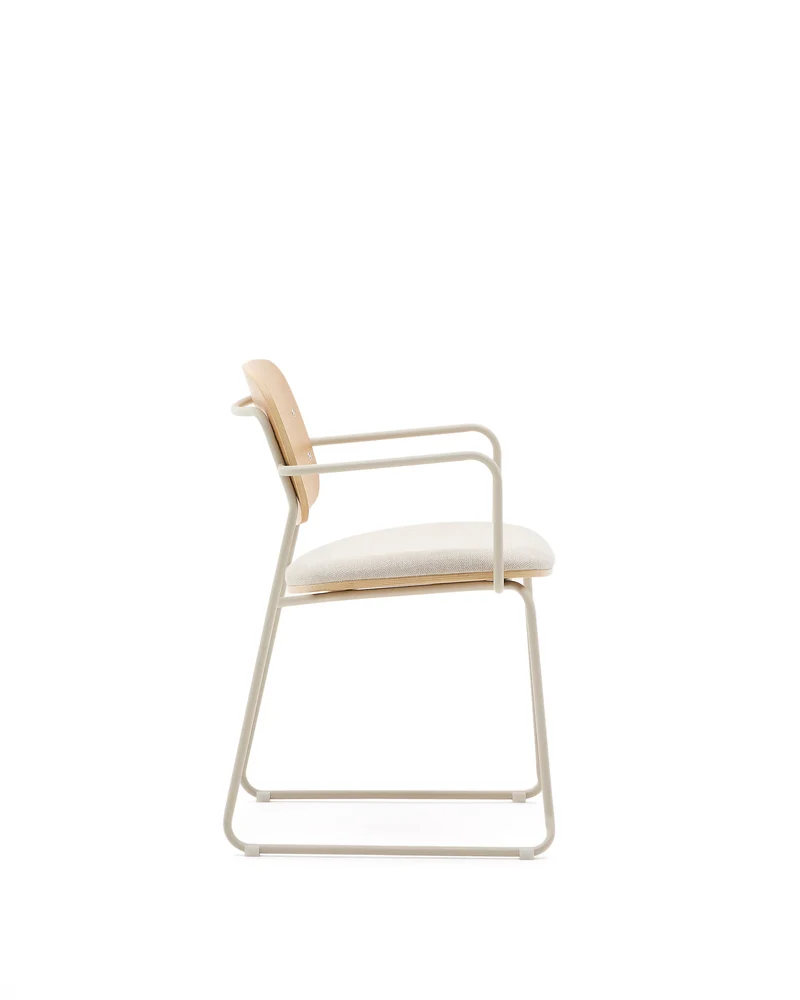 Meli chair in ash veneer with beige chenille seat and beige metal structure