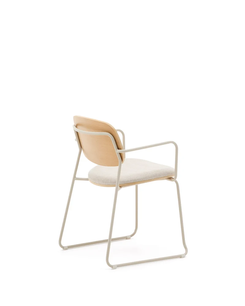 Meli chair in ash veneer with beige chenille seat and beige metal structure
