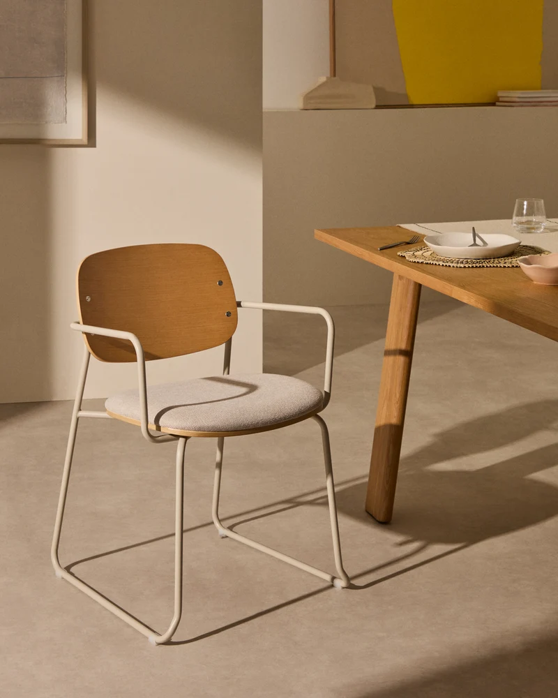 Meli chair in ash veneer with beige chenille seat and beige metal structure