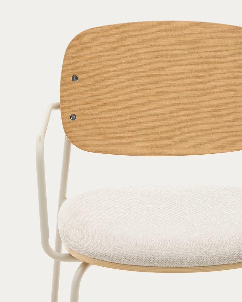 Meli chair in ash veneer with beige chenille seat and beige metal structure