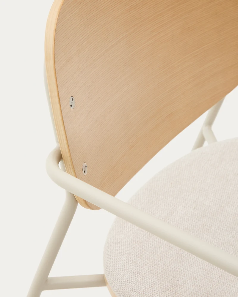Meli chair in ash veneer with beige chenille seat and beige metal structure
