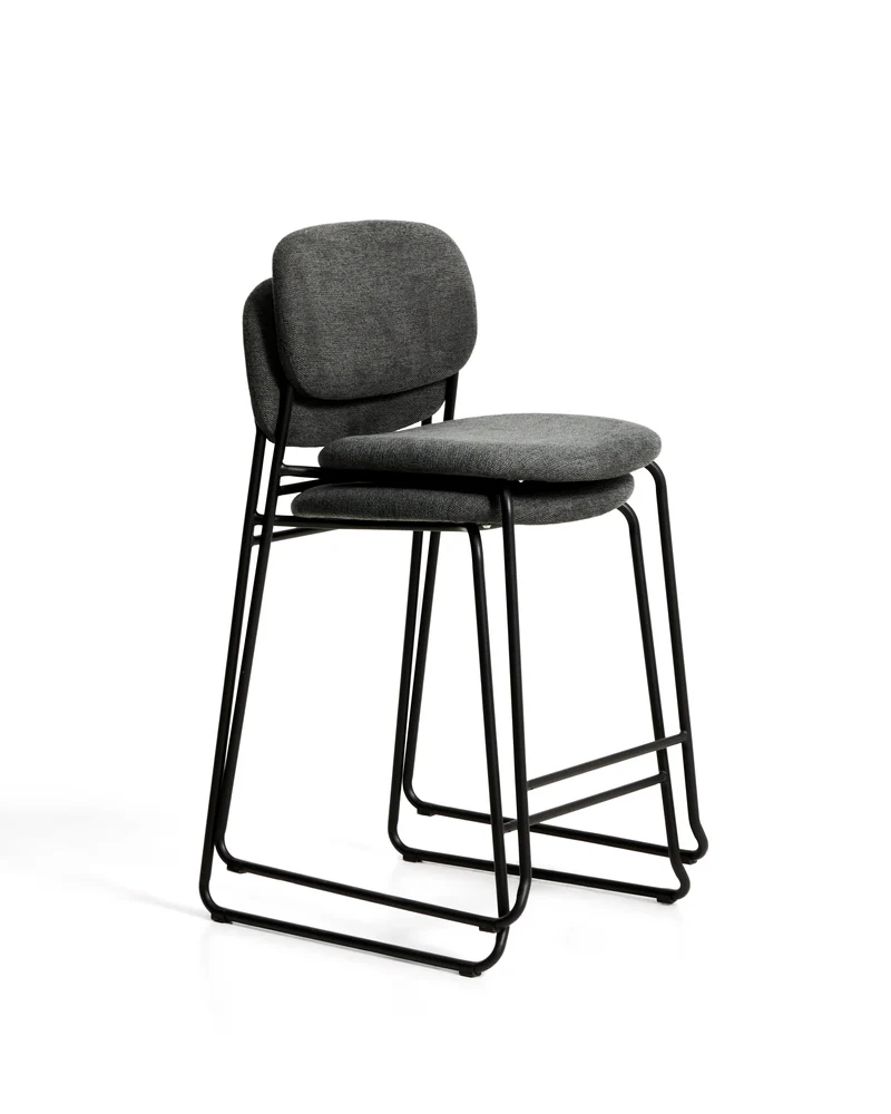 Meli stackable stool in grey chenille with grey metal legs 65cm