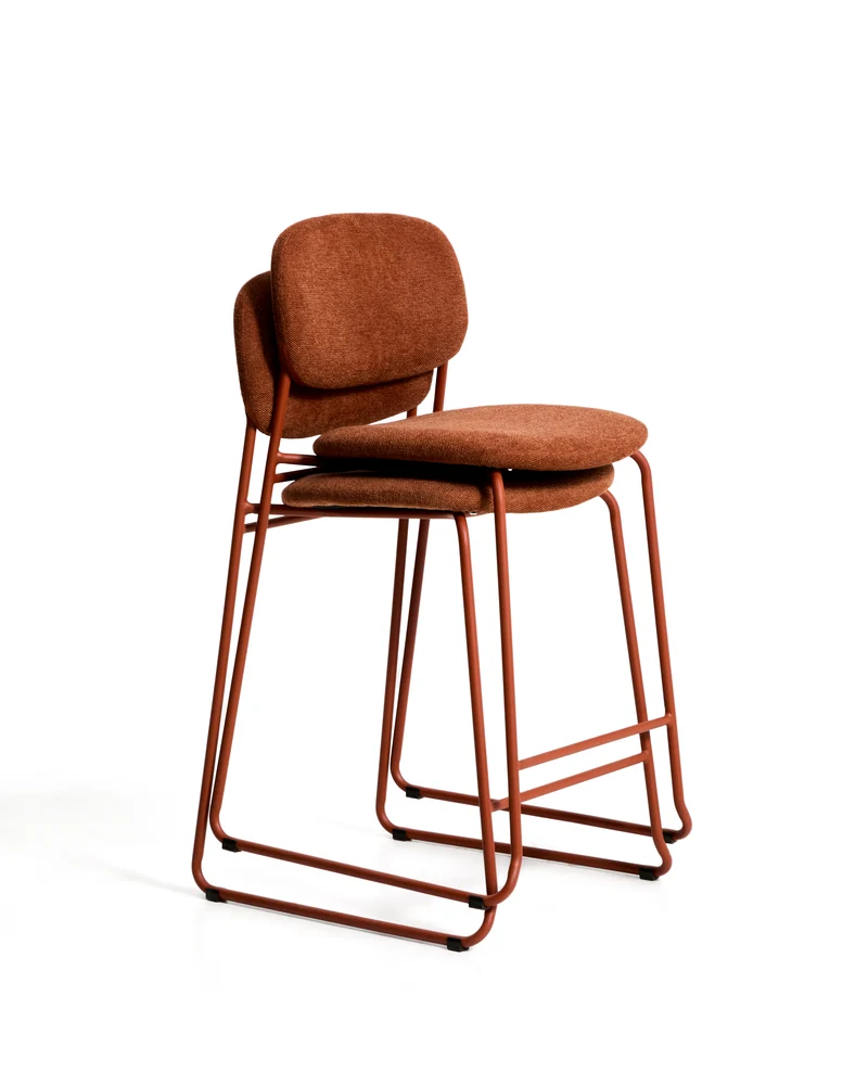 Meli stackable stool in terracotta chenille with terracotta metal legs 65cm