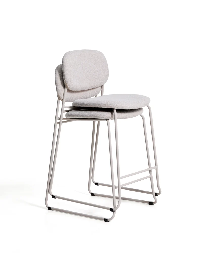 Meli stackable stool in beige chenille with beige metal legs FSC Mix Credit 65cm