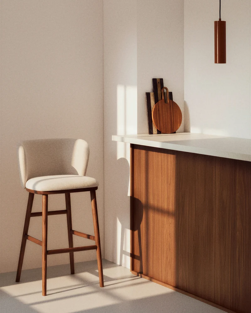 Ciselia beige chenille stool with walnut legs 75cm