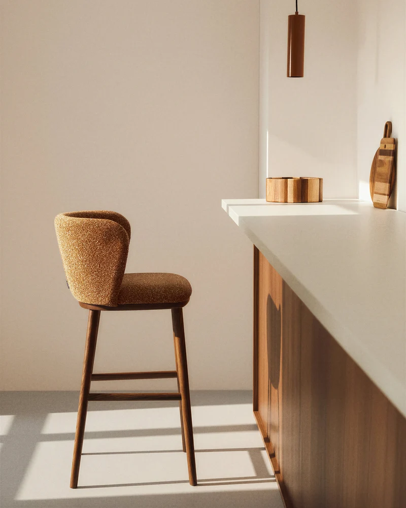 Ciselia terracotta thick chenille stool with walnut legs 75cm
