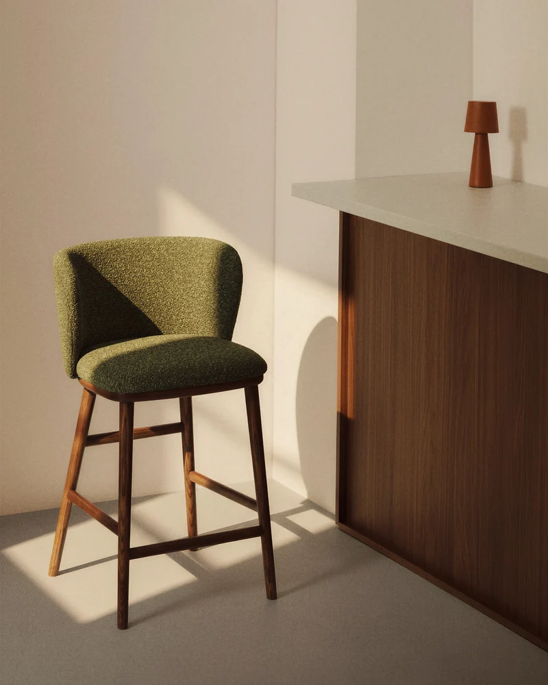 Ciselia dark green thick chenille stool with walnut legs 75cm