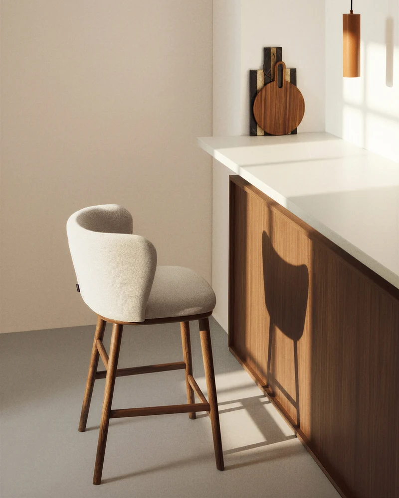 Ciselia beige chenille stool with walnut legs 65cm