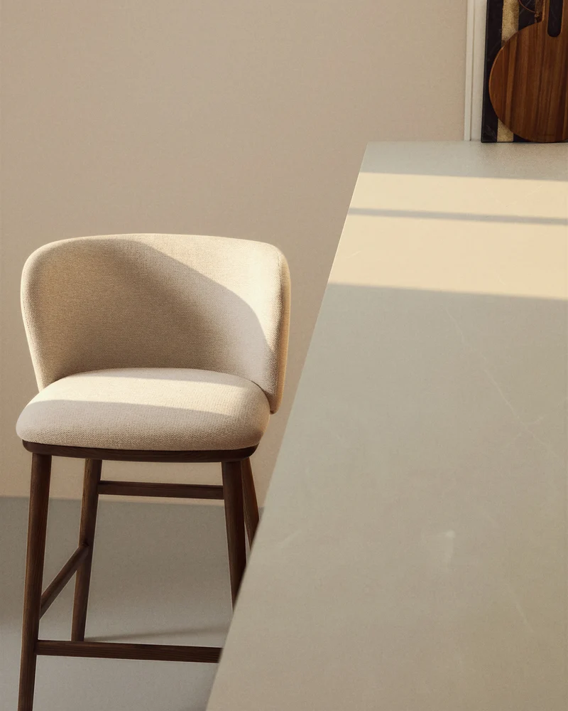 Ciselia beige chenille stool with walnut legs 65cm