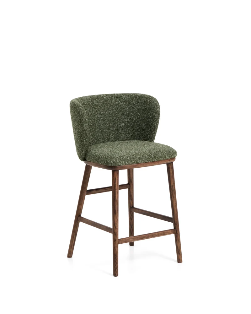Ciselia dark green thick chenille stool with walnut legs 65cm