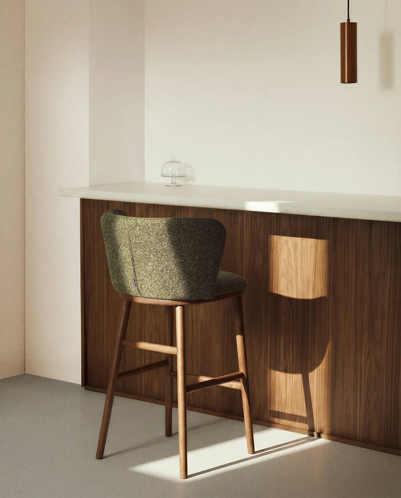 Ciselia dark green thick chenille stool with walnut legs 65cm