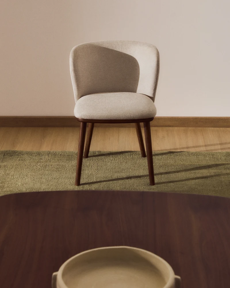 Ciselia beige chenille chair with walnut legs