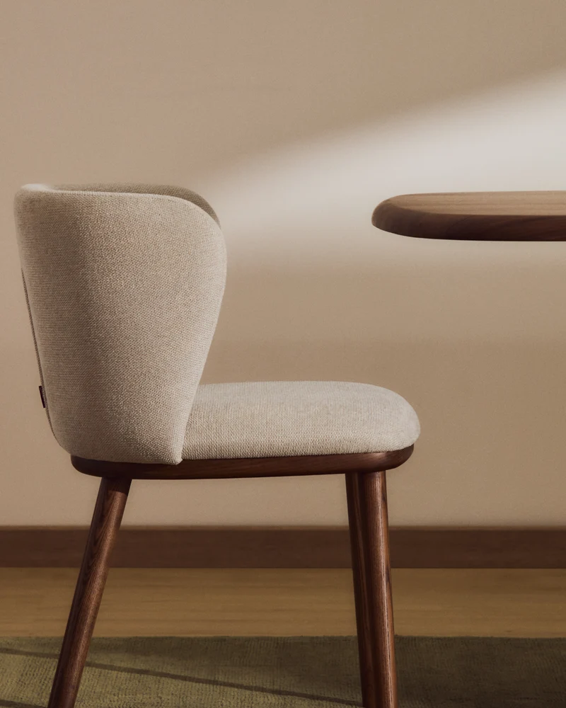 Ciselia beige chenille chair with walnut legs